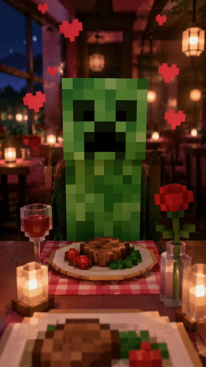 A first-person POV shot of a romantic dinner date with a Minecraft Creeper. The scene is set in a romantic dimly lit restaurant with warm ambient lighting and a blurred background showing...