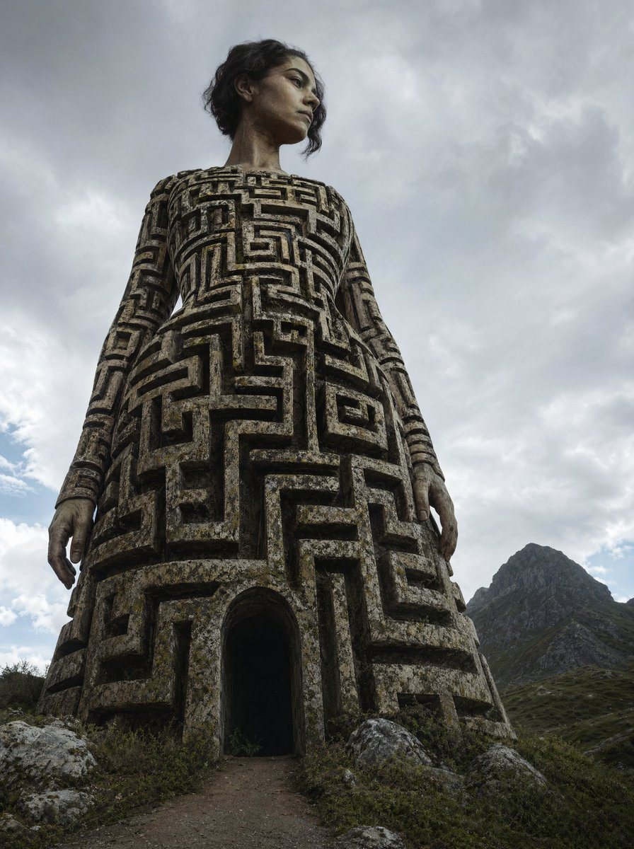 A surreal dark-fantasy photorealistic scene of a colossal humanoid statue shaped like a woman standing in a rugged mountain landscape, viewed from a dramatic low angle so the figure tower...