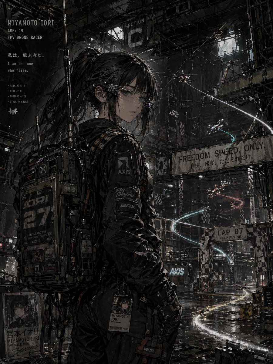 A gritty cyberpunk anime illustration of Miyamoto Iori, a 19-year-old FPV drone racer, standing in three-quarter back view inside a vast ruined industrial racing arena at night. She has b...
