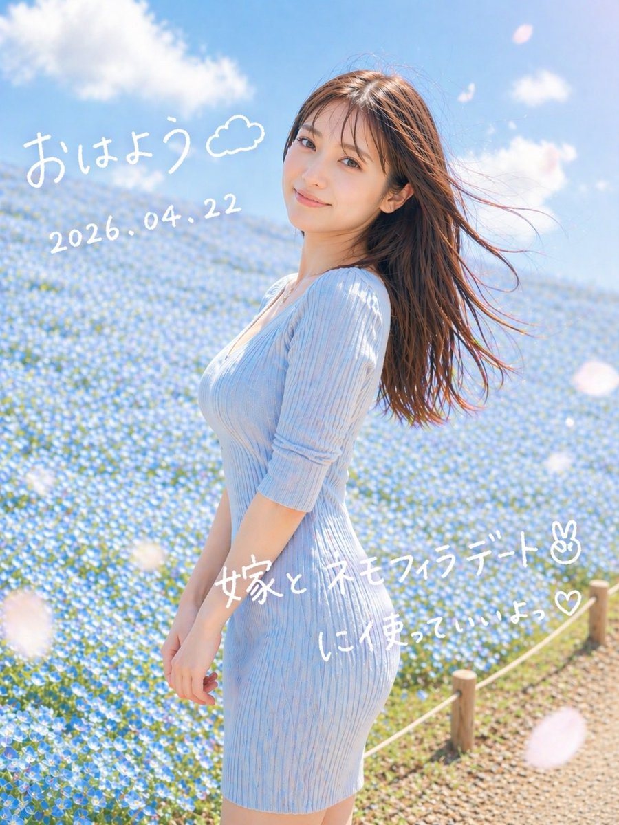 生成一张柔和浪漫的竖版人像，画面中一位女性置身于蓝色花海，并配有手写风格的日文晨间问候文字，非常适合社交媒体视觉呈现。