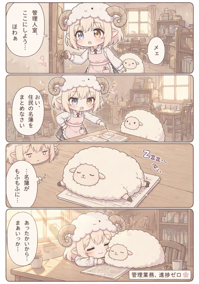一页四格柔和色调的奇幻办公室漫画，描绘了一位长着羊角的职员和一只毛茸茸的绵羊，将文书工作变成了一个慵懒舒适的搞笑场景。