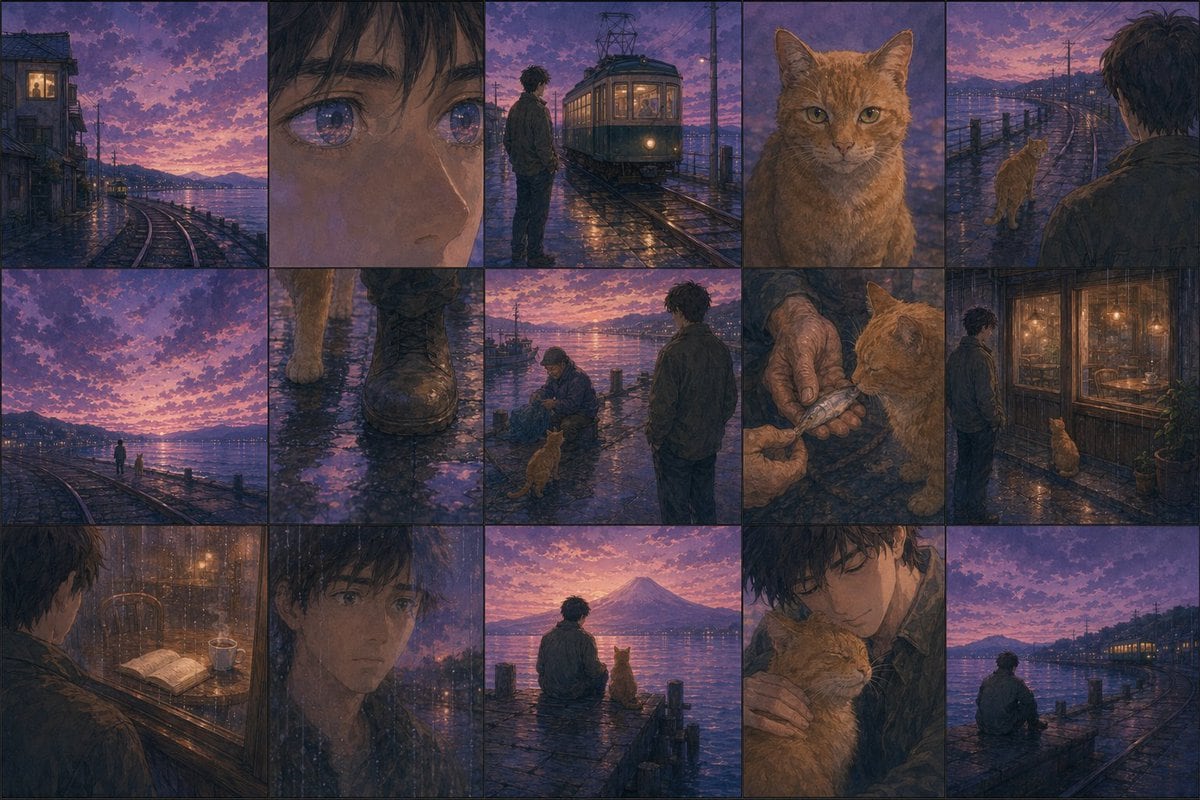Draw a 15-panel comic in the style of Haruki Murakami.