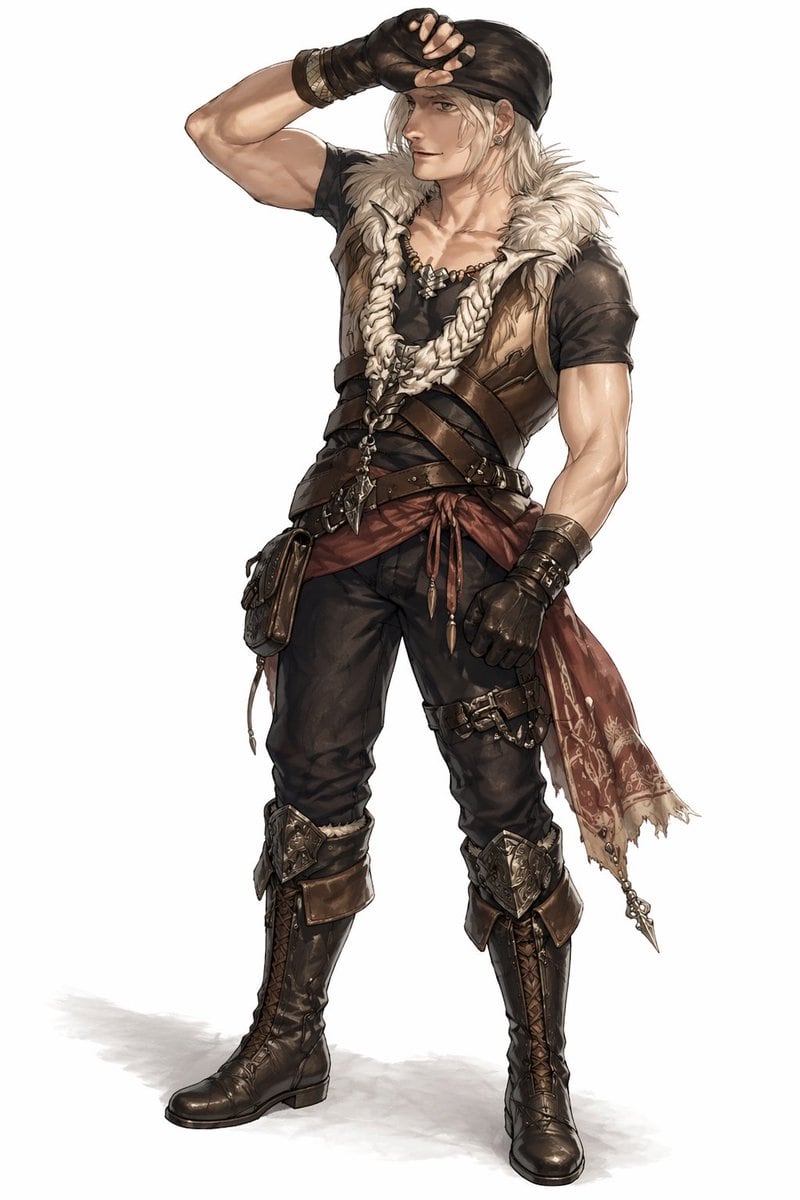 A full-body fantasy character illustration on a plain light gray background, painted in polished anime-inspired RPG concept art style with crisp linework, soft rendering, and realistic le...