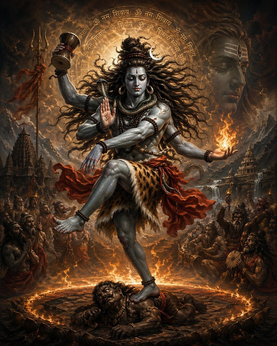 A monumental mythological fantasy painting of Lord Shiva performing the Tandava in the center of a fiery sacred arena, full-body, dynamic dancing pose with one leg raised and the other fo...