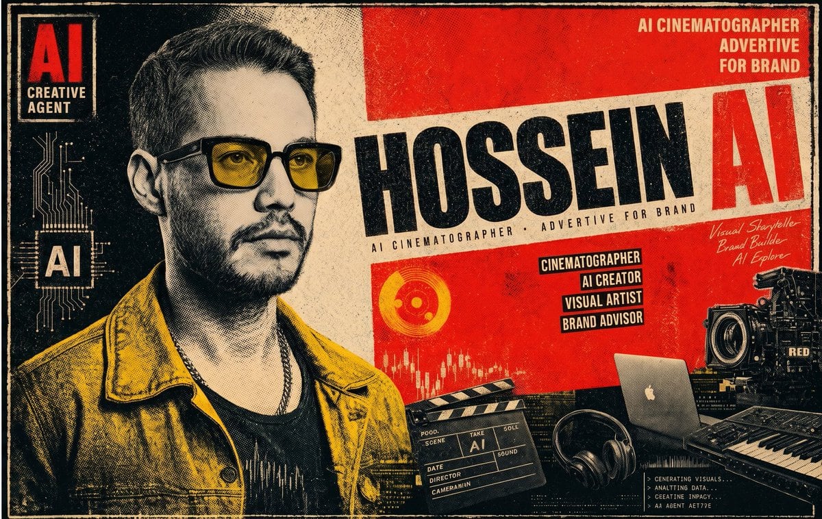 Create a retro cinematic personal-brand poster in a distressed 1970s propaganda-meets-film-advertising style, landscape orientation, with a thick worn black border and heavy paper grain,...