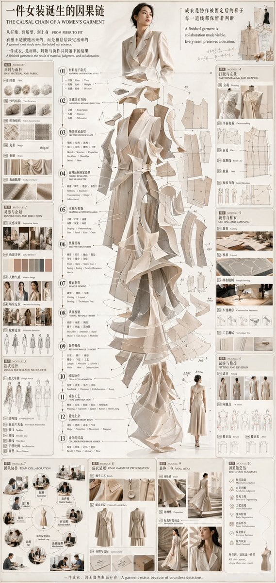 This prompt generates a dense fashion-editorial poster showing a deconstructed couture dress surrounded by labeled design, patternmaking, fitting, and production workflow panels for use in concept presentations or visual storytelling.