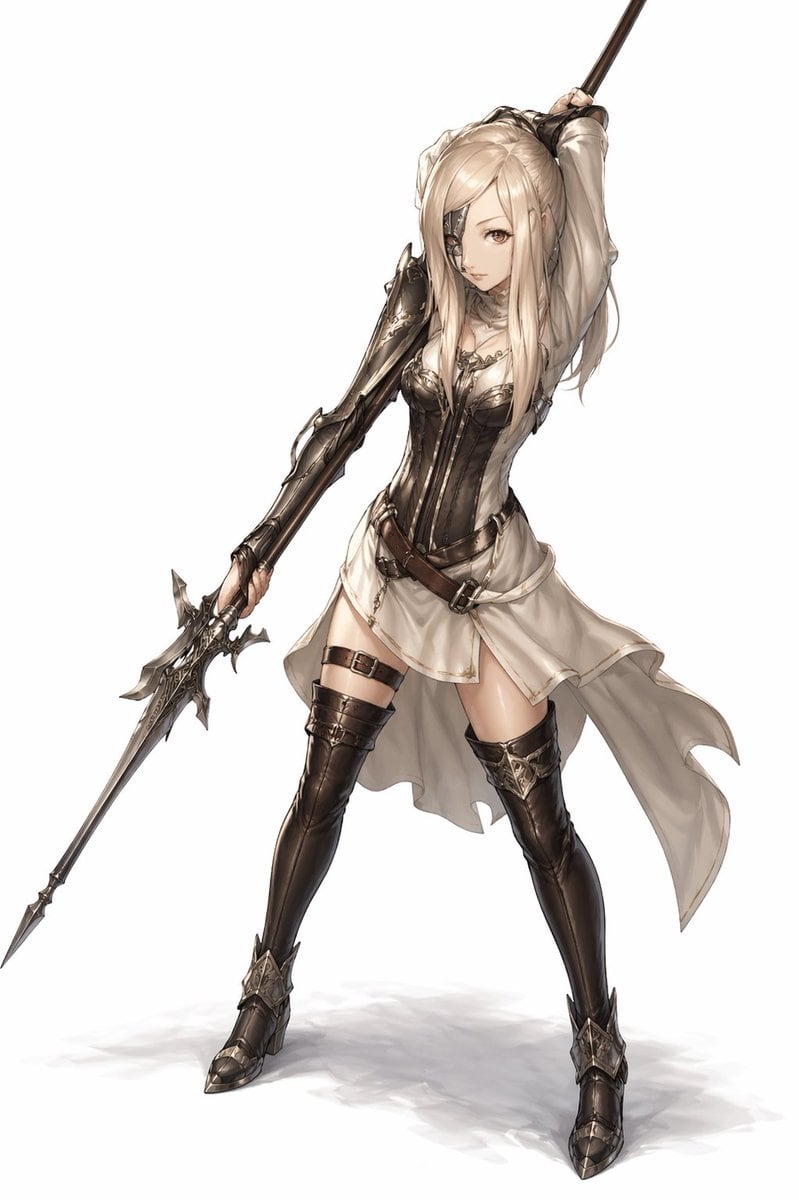 一幅精致的动漫女枪兵全身奇幻角色插画，适用于 RPG 概念艺术、角色设定图或宣传海报。