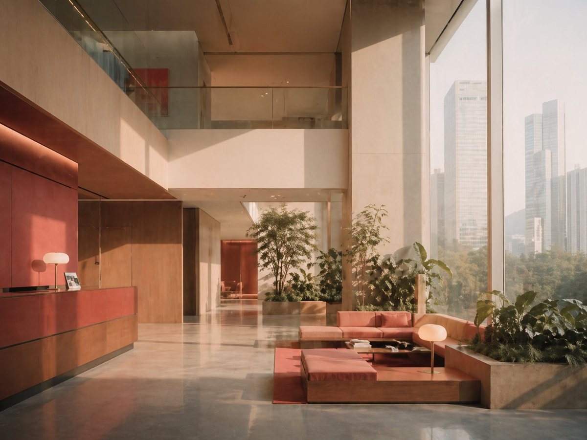 This prompt generates a photorealistic architectural interior of a serene high-end lobby, ideal for hotel, real estate, or design visualization use.