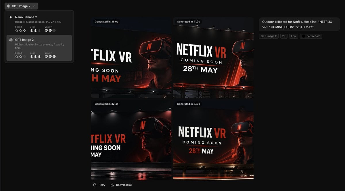 Using the provided reference image as the brand style guide, generate a dark creative-generation app interface showing 4 billboard ad concepts in a 2x2 grid for Netflix. Apply the exact b...