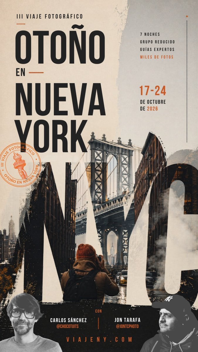 A vertical editorial-style travel poster in Spanish for a III viaje fotográfico titled “OTOÑO EN NUEVA YORK,” designed with a sophisticated urban autumn mood and a premium photography-wor...