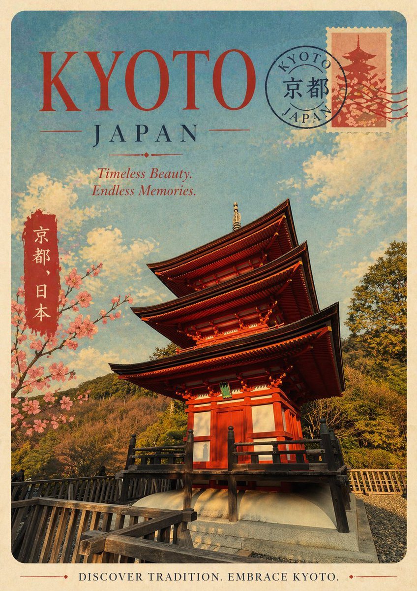 A vintage travel poster for KYOTO, Japan, designed in a nostalgic mid-century tourism style with a faded paper texture, softly worn edges, and warm sun-aged colors. Use a vertical poster...