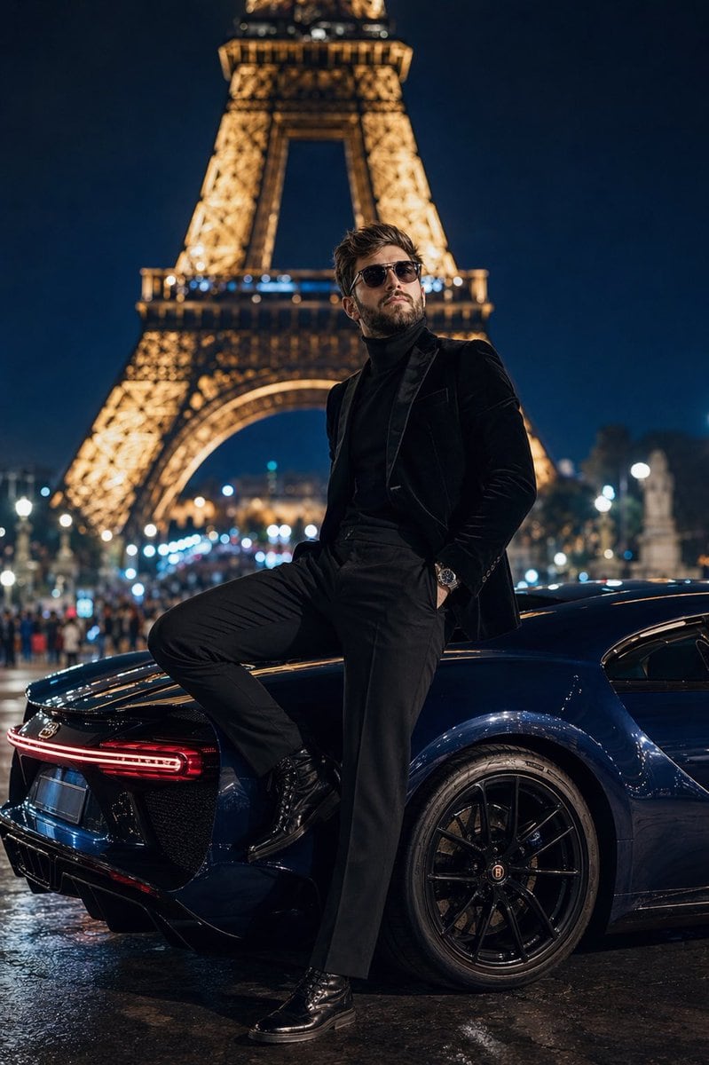 Dramatic, low-angle ground perspective full-body shot captured with a 50mm lens at f/1.4, featuring the specific uploaded face reference (neat beard, slicked-back hair, wearing stylish av...
