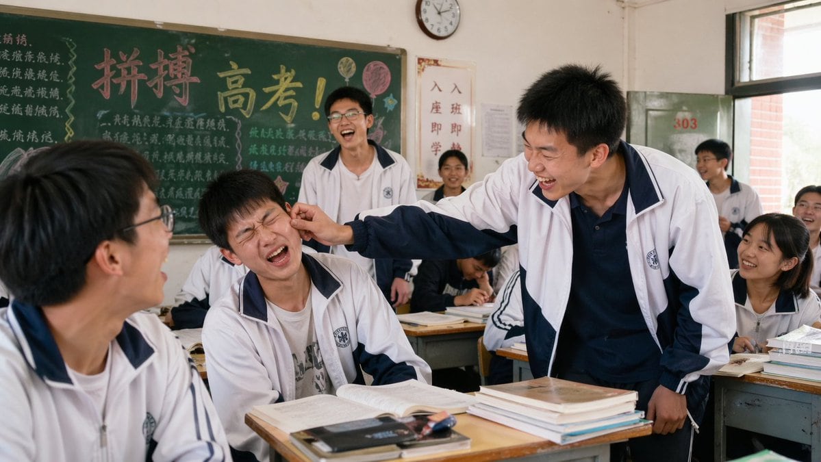 一个简单的提示词,用于生成 2000 年代课间休息时,中国高中生充满怀旧感的喜剧场景。