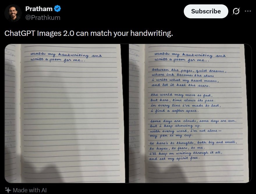 A realistic dark-mode social media post screenshot styled like X/Twitter on a black interface. At the top left is a small blurred circular profile photo beside the display name Pratham wi...