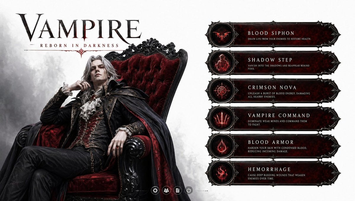 this highly detailed 3D gaming character sitting on a red velvet chair with a very high back and black wood finish, on the right side 6 bars for different vapire powers