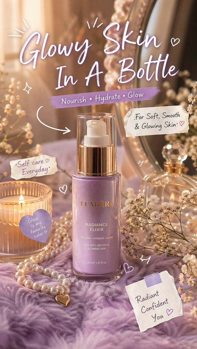 Luxury feminine skincare advertisement, vertical 9:16 composition, ultra-realistic studio beauty product shot with dreamy soft focus and warm golden morning sunlight. Center a single eleg...