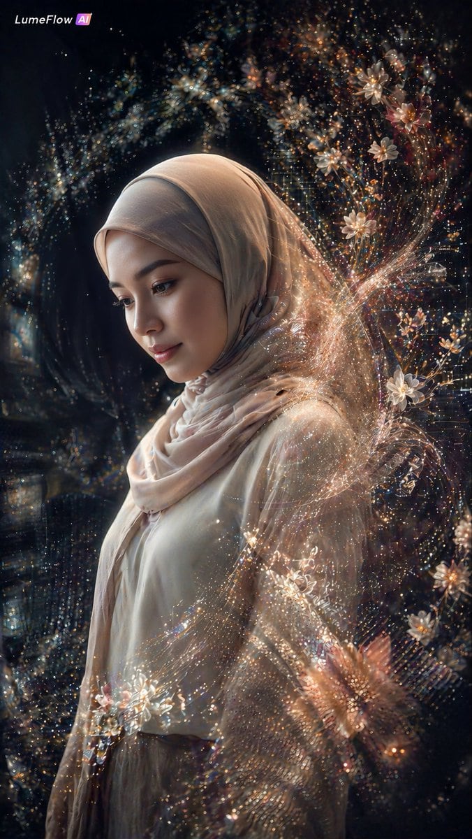 A dreamy, ethereal portrait of a modest woman in side profile wearing a soft flowing hijab and layered scarf in pale blush beige, standing against a deep midnight-dark background with fai...