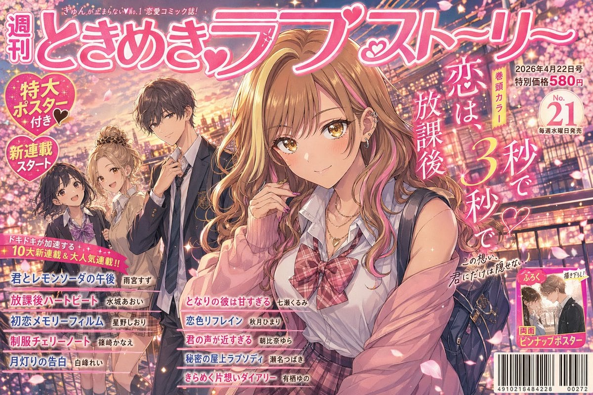 A glossy Japanese shoujo manga magazine cover illustration, packed edge to edge like a real weekly romance comic issue, in a dreamy spring sunset city scene with glowing bokeh lights and...