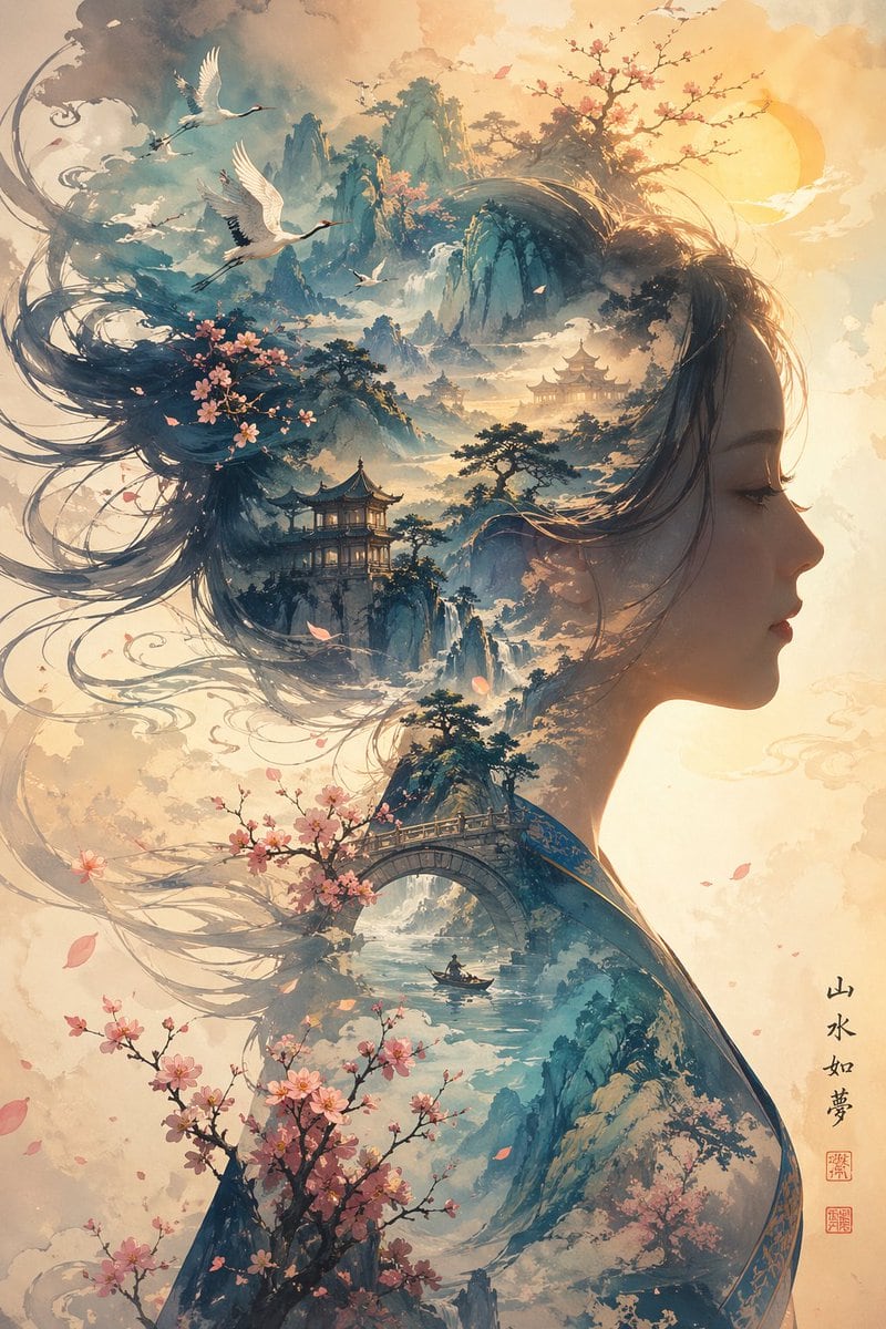 此提示词可生成一幅充满诗意的竖构图奇幻艺术作品，将女性侧影与中国山水画元素巧妙融合，非常适合用于海报、书籍封面及优雅的墙面装饰艺术。