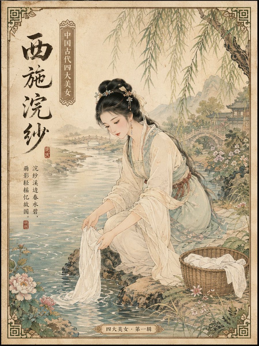 一套使用 GPT-Image-2 生成中国古代四大美女主题明信片的提示词。