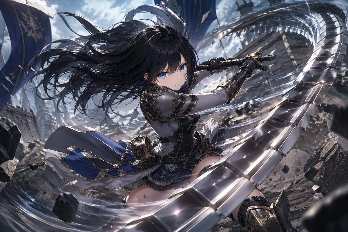 A dynamic fantasy anime action illustration of an armored heroine swinging a segmented blade, ideal for character key art, splash screens, or promotional visuals.