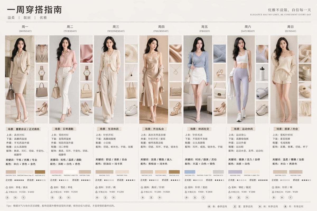 Generates a detailed 7-column outfit guide featuring daily portraits, accessory thumbnails, color palettes, and styling text.