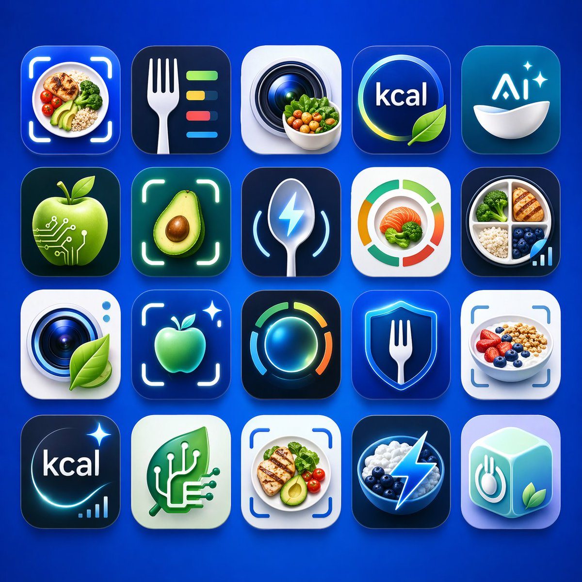 A clean presentation grid of 20 modern mobile app logo concepts for nutrition, calorie tracking, healthy eating, food recognition, and AI wellness tools, shown on a vivid electric-blue ba...