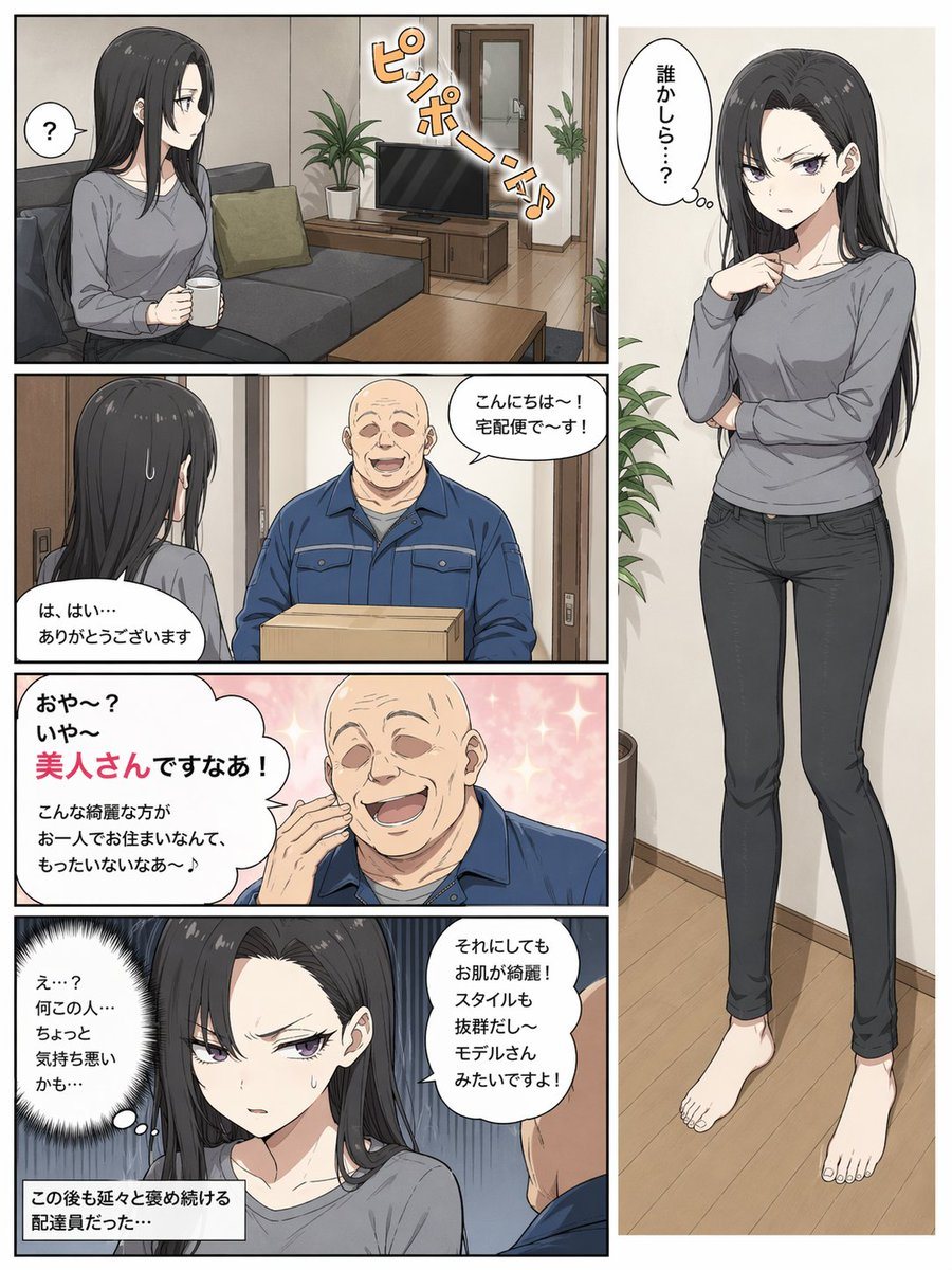 Generates a full-color, 5-panel manga page depicting a woman's uncomfortable encounter with an overly enthusiastic delivery worker.
