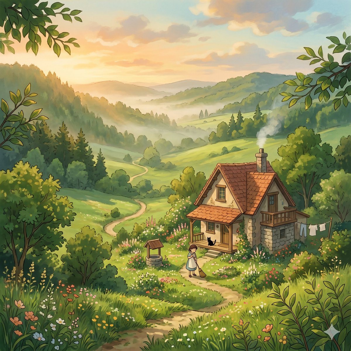 This prompt generates a cozy storybook landscape of a cottage in a misty sunlit valley, ideal for fantasy illustration, children’s-book art, or pastoral wallpaper.