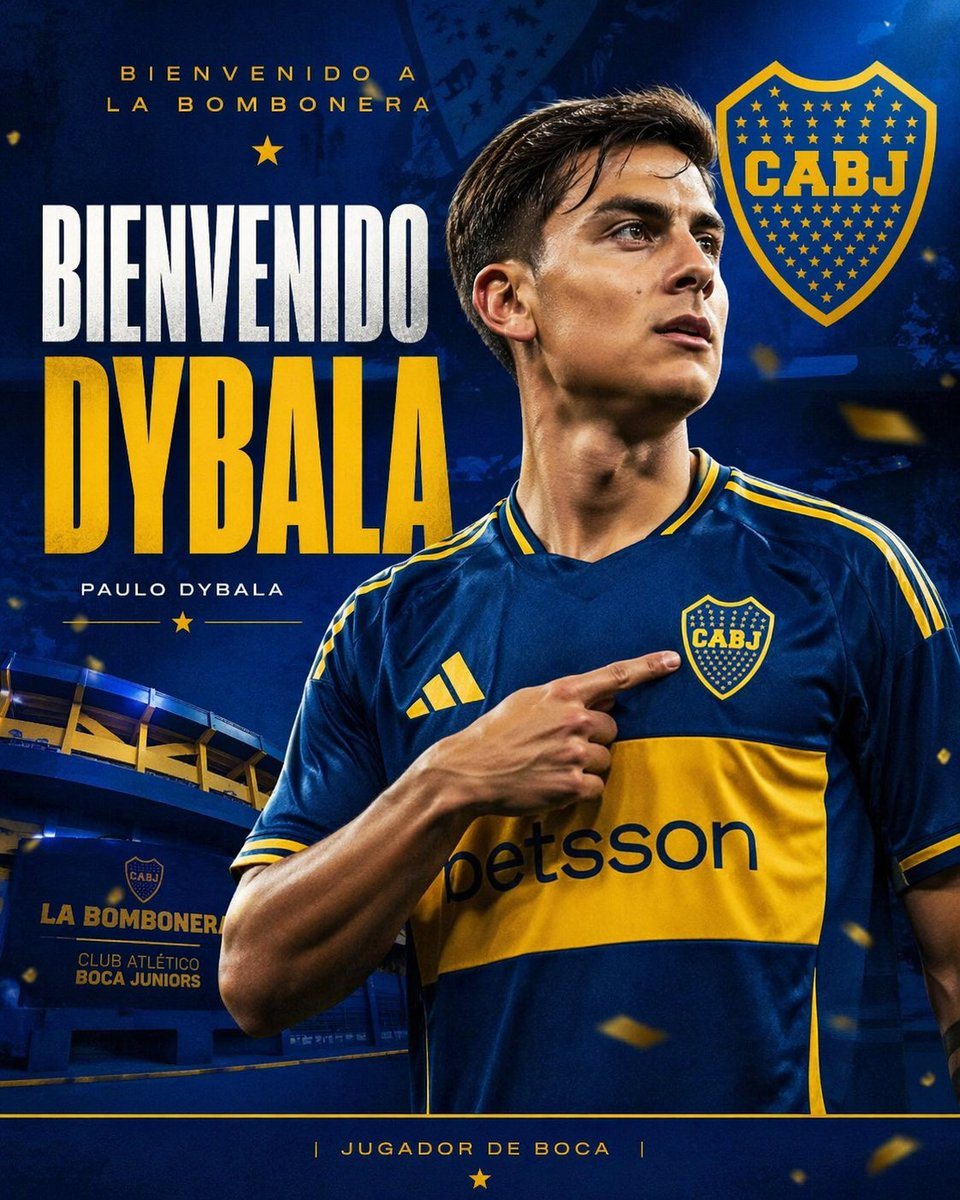 A dramatic vertical football transfer announcement poster in Boca Juniors colors, designed like a polished social media graphic. Show a half-body portrait of Paulo Dybala wearing the mode...