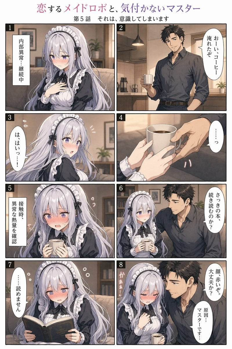 此提示词可生成一页 8 格日式浪漫喜剧漫画，描绘了一位慌乱的女仆机器人和她迟钝的主人在温馨居家环境中的互动。