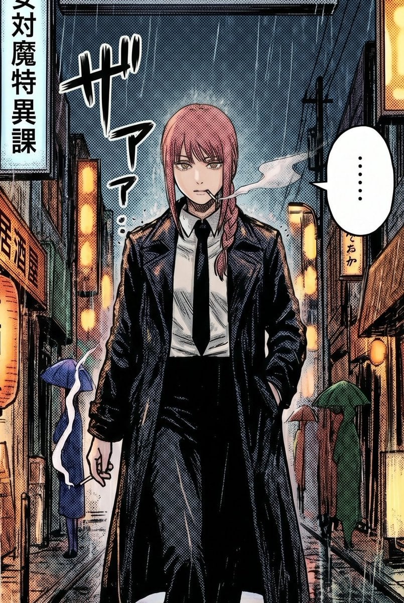A gritty manga-style full-body street portrait of a tall young woman with soft pink hair in a long side braid, walking straight toward the viewer down a narrow rainy Japanese alley at nig...