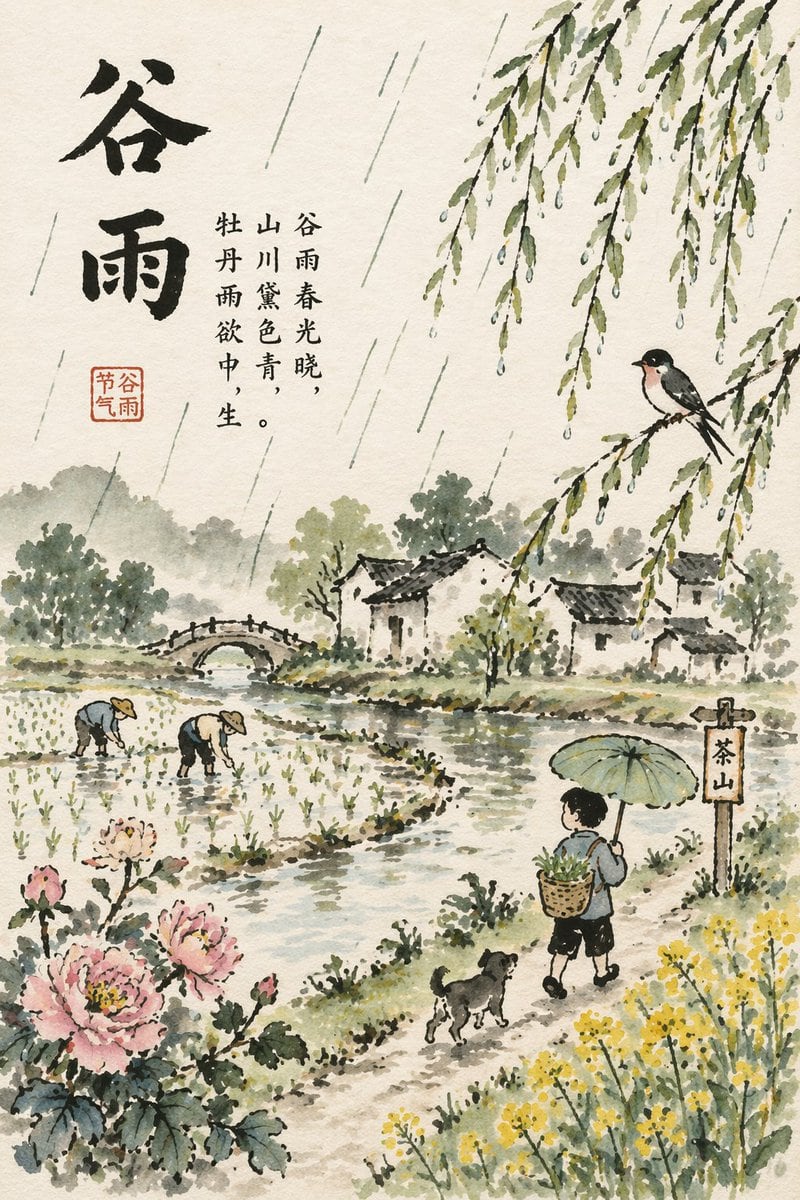 A prompt for a Chinese solar term poster styled after the famous painter Feng Zikai.