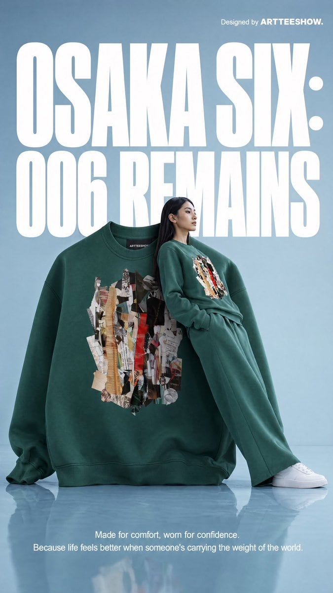 一张超现实的高级街头服饰海报，展示了一件巨大的绿色卫衣、一位身穿同款卫衣的模特以及醒目的广告排版，非常适合服装广告或概念品牌视觉设计。