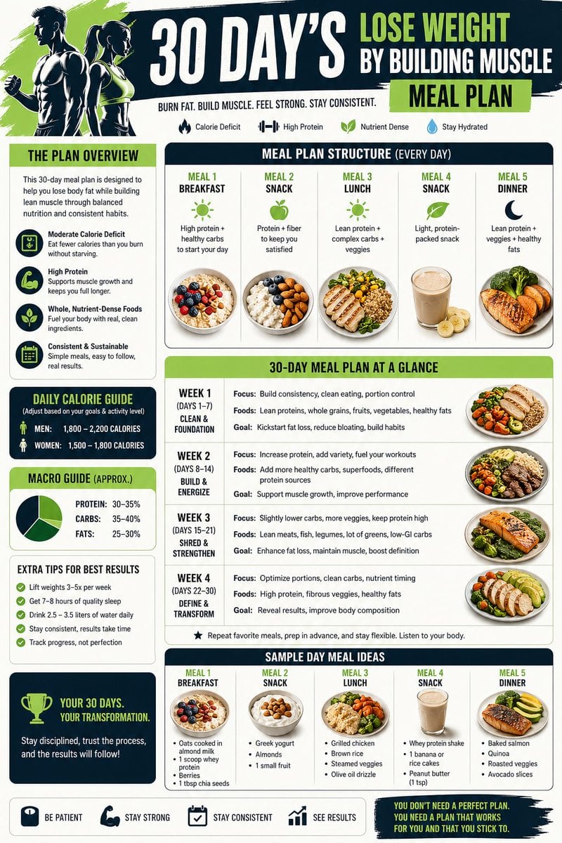Infographic on the topic of 30 day's lose weight and building muscle meal plan