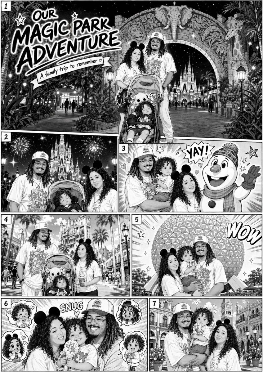 Using these images as reference can you make a MANGA of me, my wife, and our son's trip to Disney