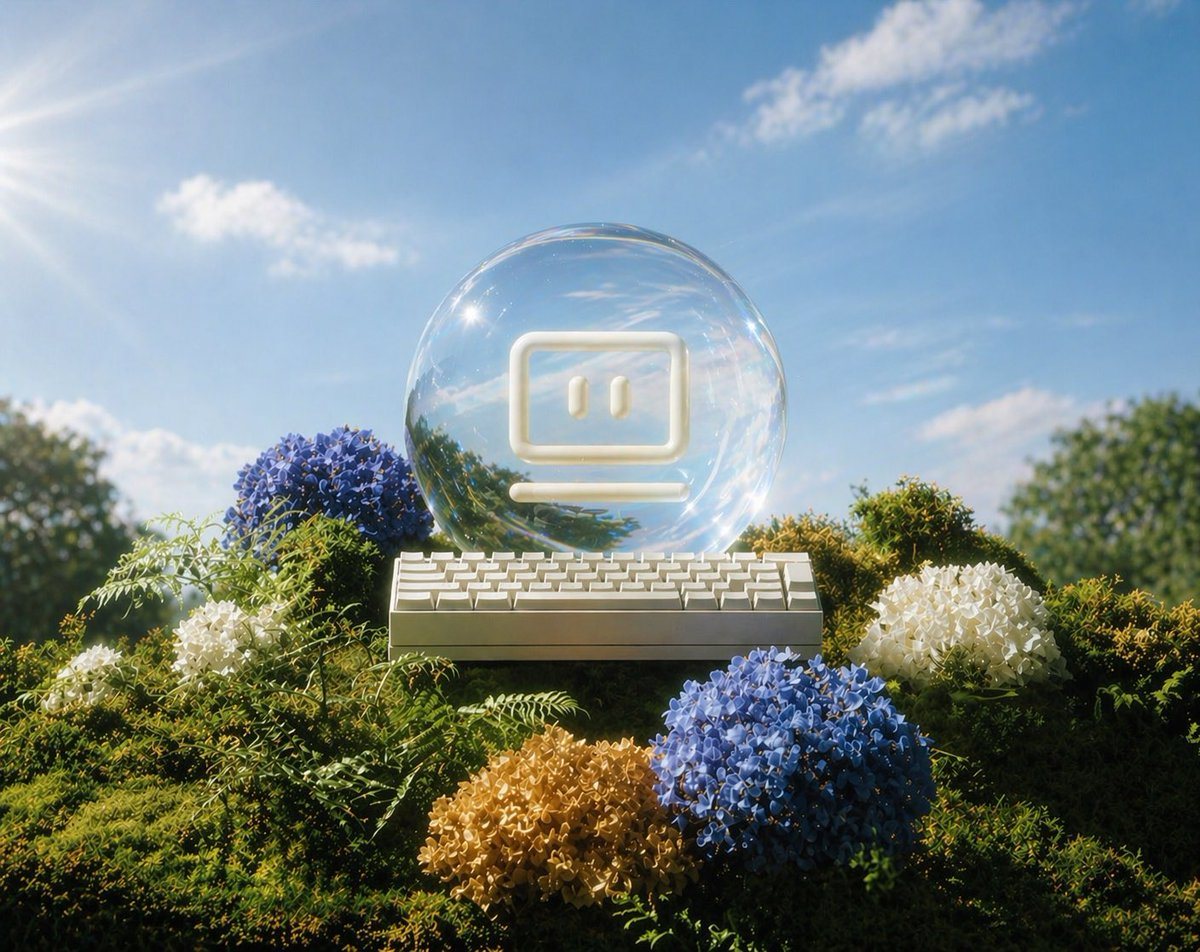 A dreamy, surreal outdoor still life in bright midday sunlight: a transparent glass orb centered on a lush moss-covered mound, containing a minimalist glowing white computer face icon wit...
