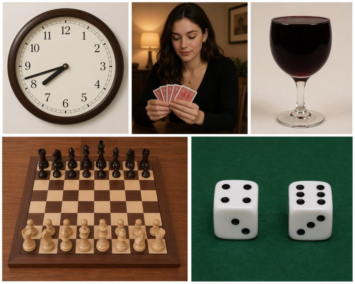 Create an image consisting of five sub-images, each with a different style: 1) An analogue clock showing 7:42. 2) A woman holding cards in her hands. 3) A glass of wine filled to the brim...