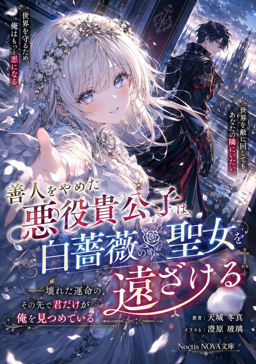 Generates a dramatic, high-quality anime-style light novel cover featuring two characters, a fantasy background, and elegant Japanese typography.