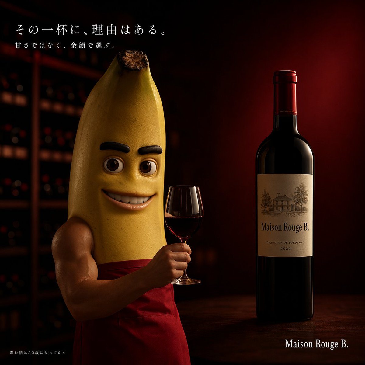 A high-end cinematic commercial photography shot of a muscular humanoid banana character standing in a dimly lit, moody wine cellar. The character has a realistic yellow banana peel body,...