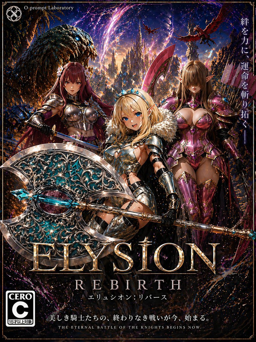 A dramatic Japanese fantasy action RPG PlayStation 5 game cover poster in a dark ornate high-fantasy style, vertically composed like premium key art. Show three armored warrior women stan...