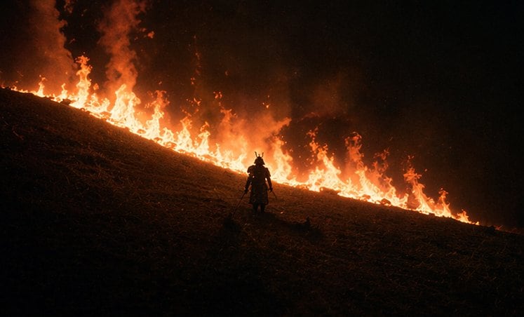 A cinematic night scene on a steep grassy hillside during a wildfire burn line, with one lone samurai standing near the center-lower part of the frame in dark silhouette. The hill runs di...