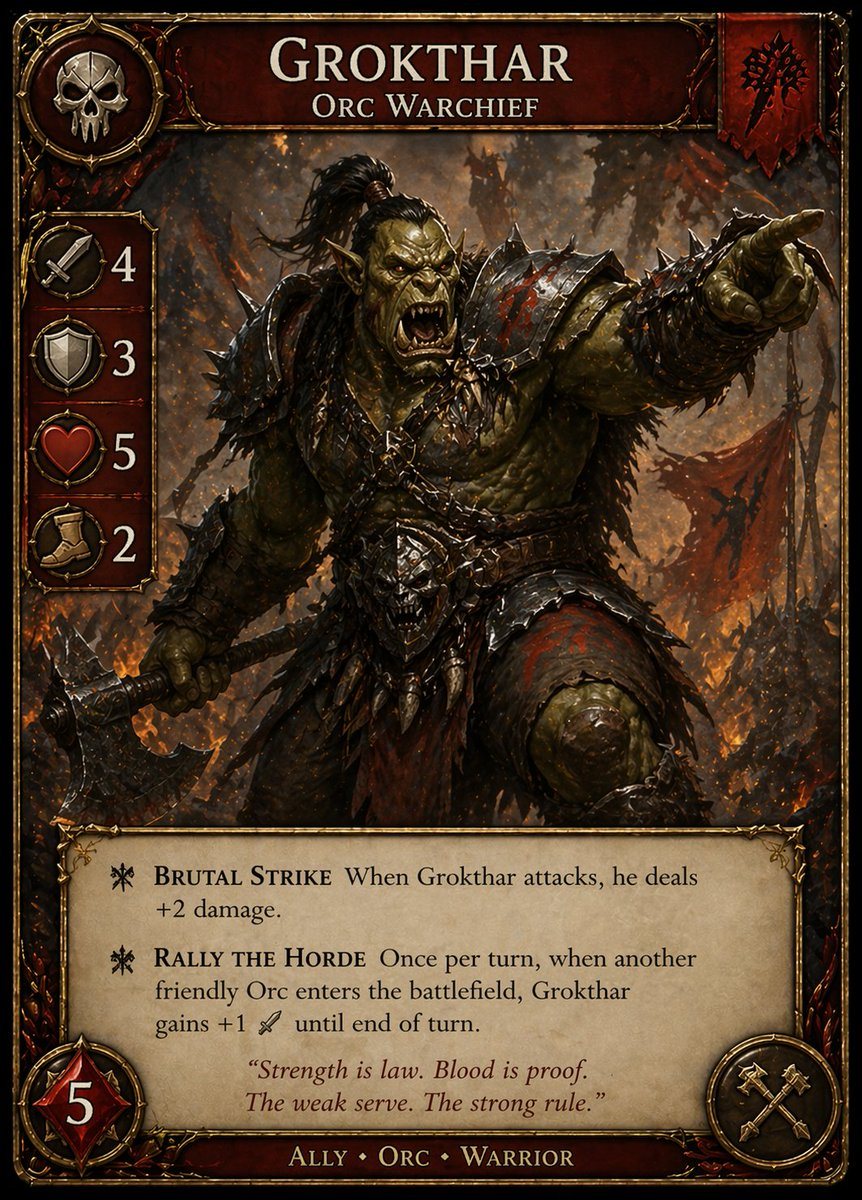 Create a single high-detail fantasy trading card in a dark Warhammer-inspired style, full portrait orientation, with an ornate aged metal-and-red leather frame, distressed gold trim, and...