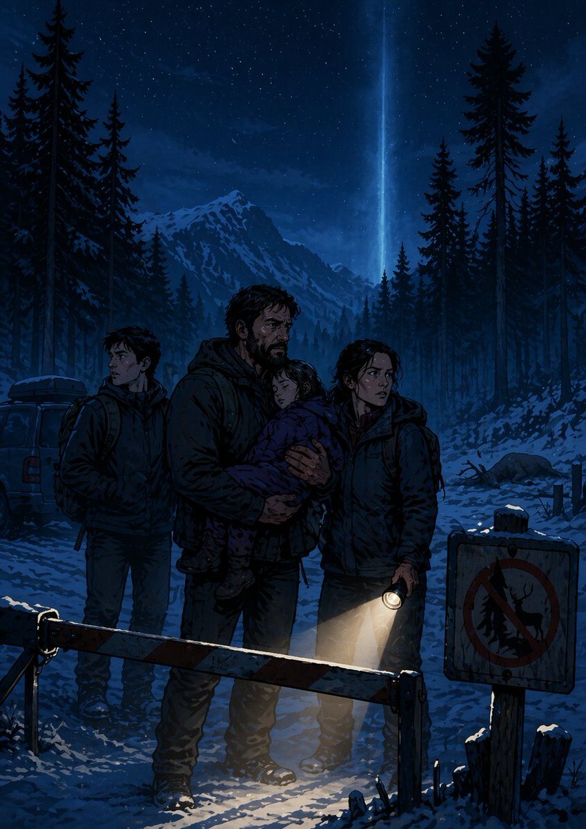 A moody graphic-novel style book cover illustration set in a snowy conifer forest at night, painted in deep blue tones with cinematic contrast. In the foreground, show exactly 4 human fig...