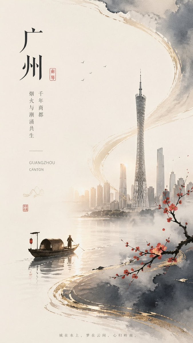 此提示词可生成一张竖版新中式美学海报，将广州现代天际线与传统水墨元素相结合，适用于文化品牌推广或编辑封面设计。