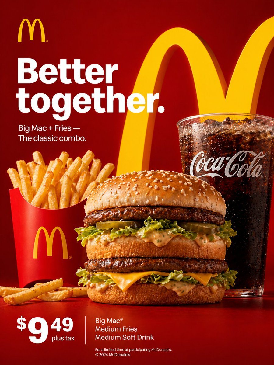 Create a clean, high-quality McDonald’s advertisement. Use a bold red brand color with yellow brand accents. Show a Big Mac, fries, and a drink in a realistic, appetizing style. Include t...
