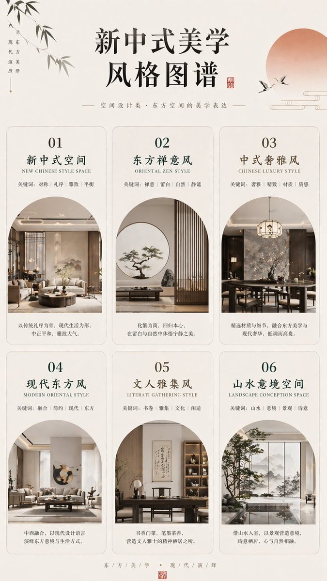 一份精致的编辑风格海报,展示了六种新中式室内设计风格,非常适合用于美学项目、社交媒体贴文以及设计趋势信息图。