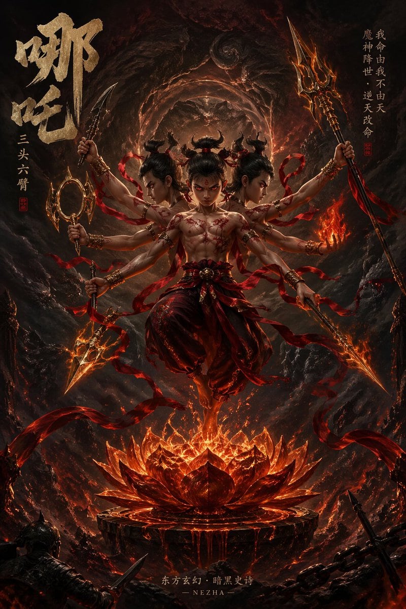 创作一张暗黑史诗风格的小说封面,以神话人物哪吒为主角,背景设在漂浮的星际虚空中,并融入风格化的莲花元素。