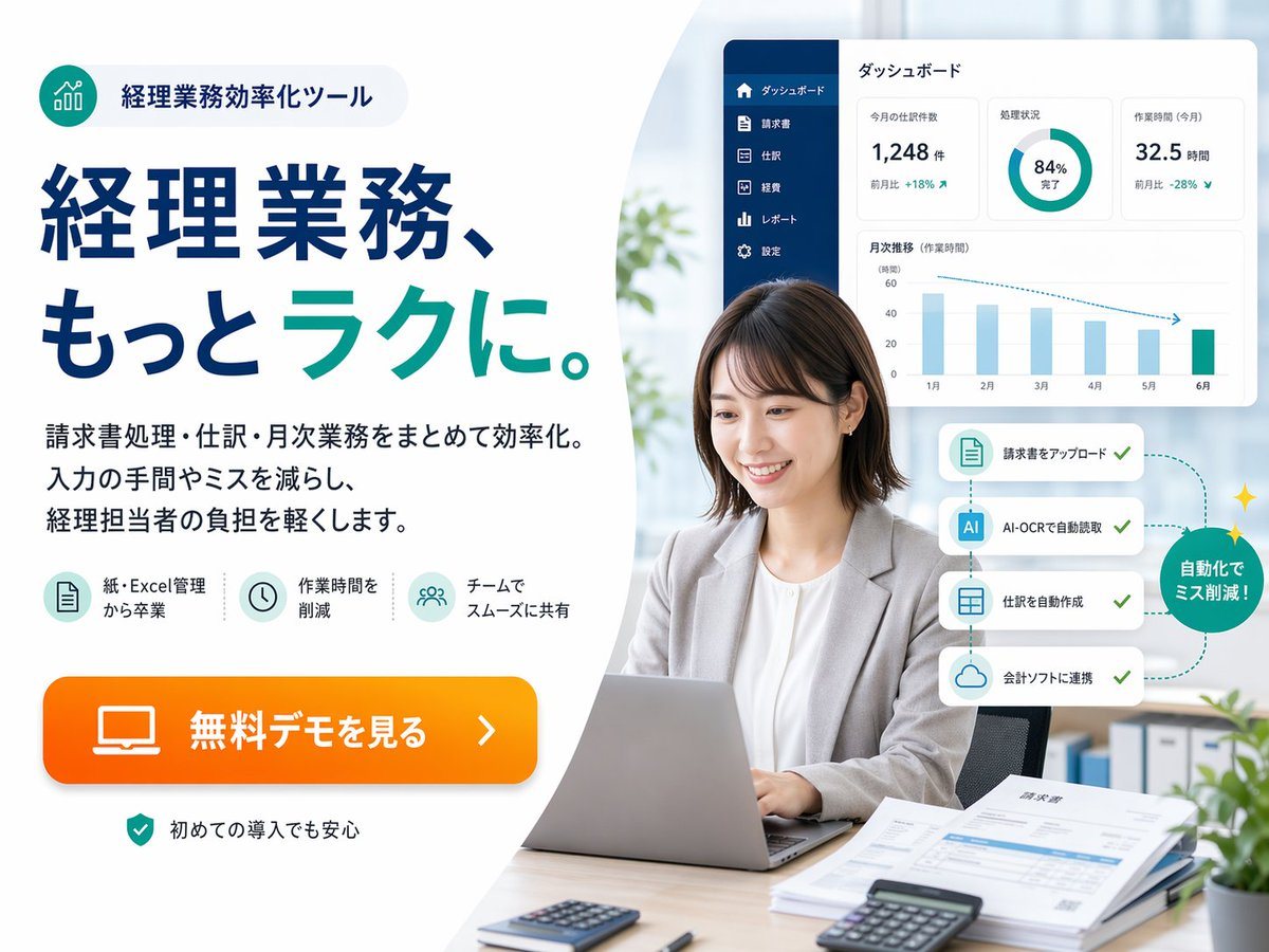 一款精致的日本金融科技风格会计自动化工具宣传横幅，适用于落地页、网页广告及 SaaS 营销视觉设计。