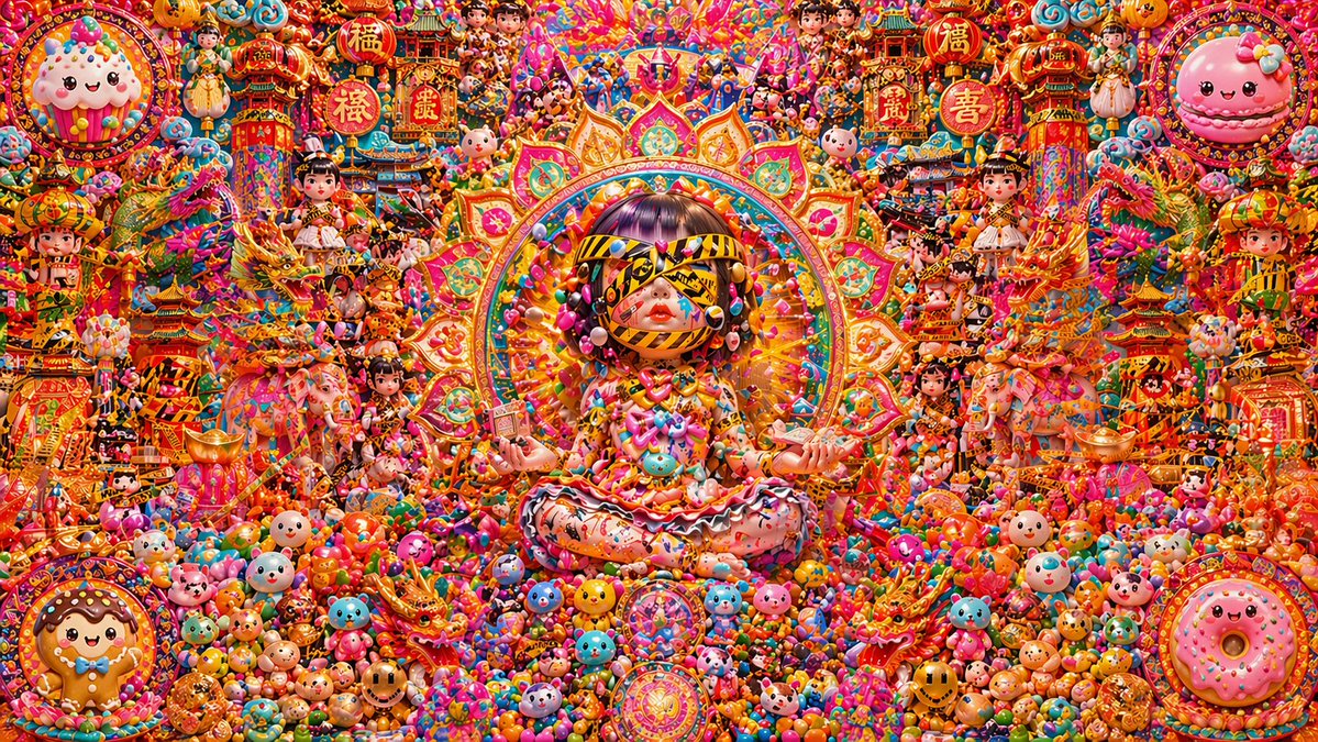 一幅超高细节、对称的糖果风节日神龛插画，非常适合生成充满卡哇伊元素和农历新年主题的极繁主义奇幻艺术作品。